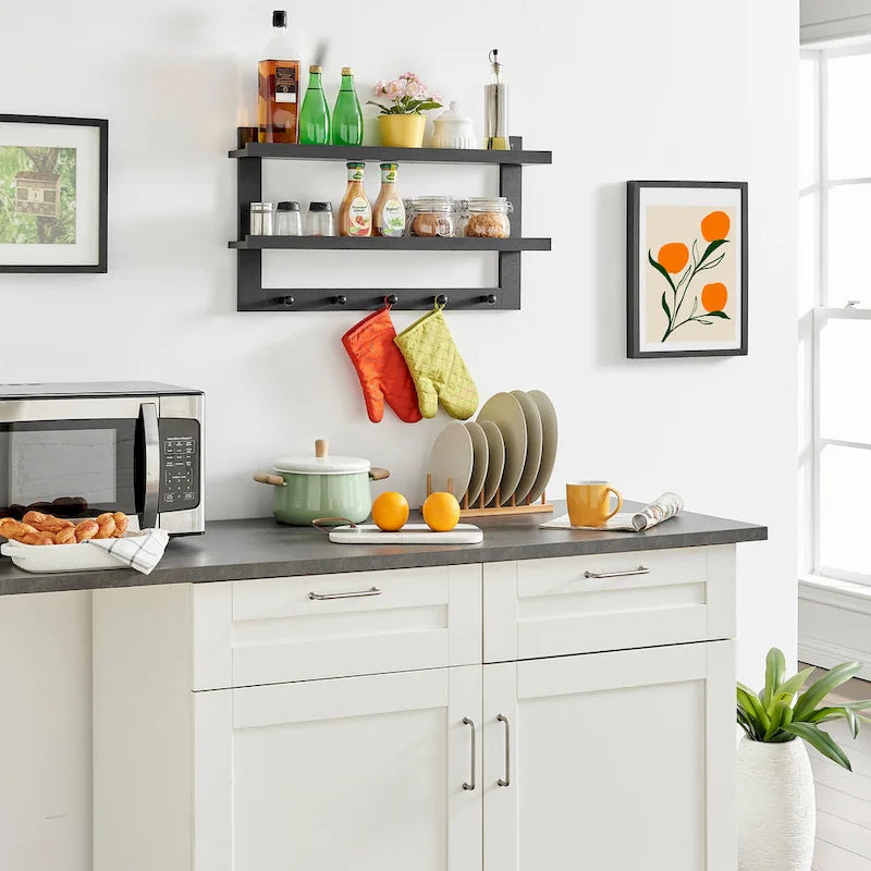 2-Tier Wall Shelf with 5 Hanging Hooks - Entryway or Bathroom
