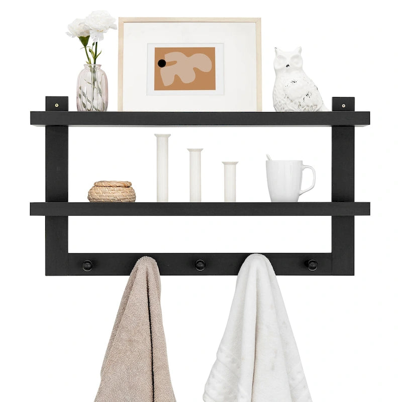 2-Tier Wall Shelf with 5 Hanging Hooks - Entryway or Bathroom