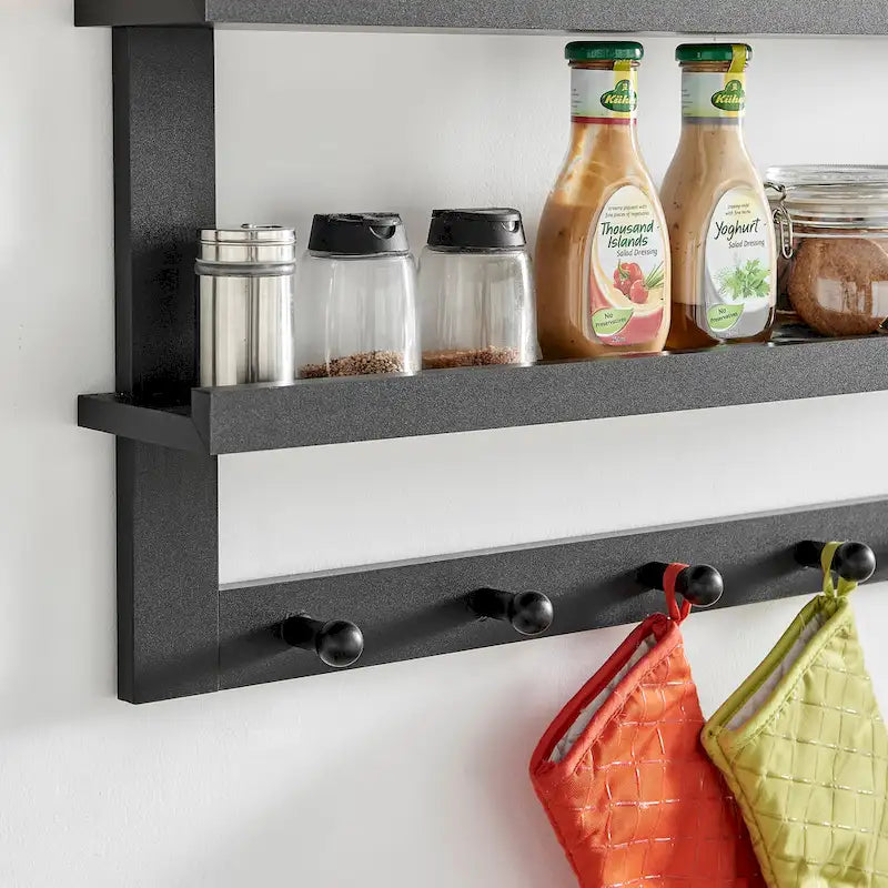2-Tier Wall Shelf with 5 Hanging Hooks - Entryway or Bathroom
