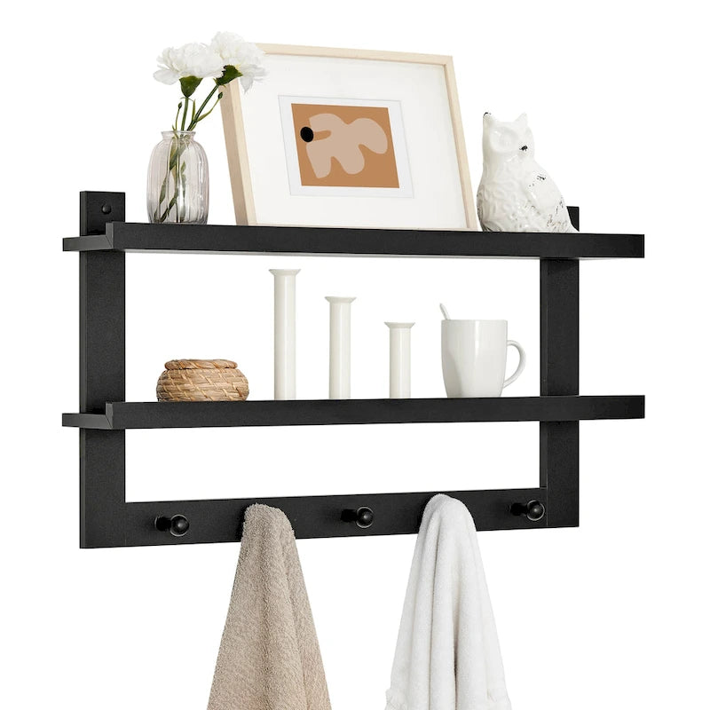 2-Tier Wall Shelf with 5 Hanging Hooks - Entryway or Bathroom
