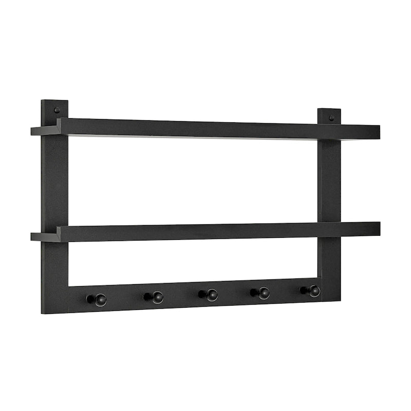 2-Tier Wall Shelf with 5 Hanging Hooks - Entryway or Bathroom