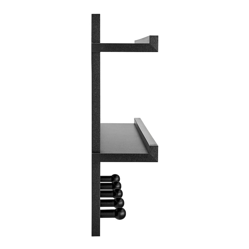 2-Tier Wall Shelf with 5 Hanging Hooks - Entryway or Bathroom