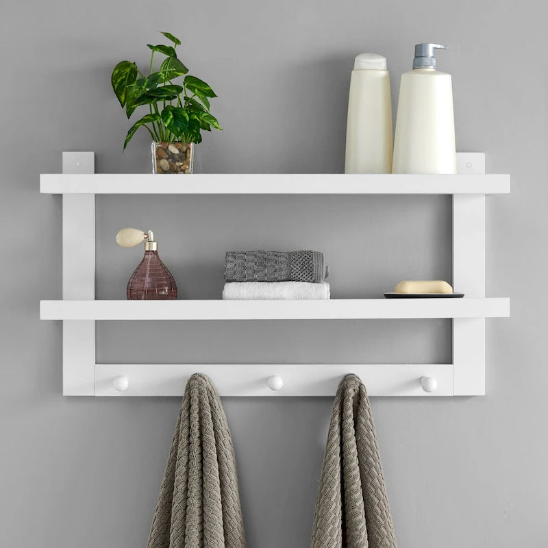 2-Tier Wall Shelf with 5 Hanging Hooks - Entryway or Bathroom