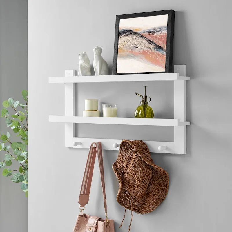 2-Tier Wall Shelf with 5 Hanging Hooks - Entryway or Bathroom