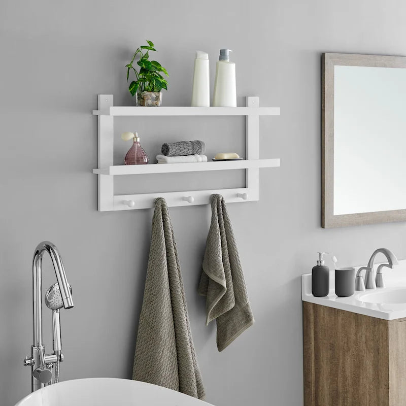 2-Tier Wall Shelf with 5 Hanging Hooks - Entryway or Bathroom
