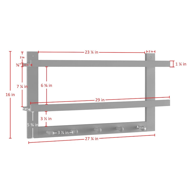 2-Tier Wall Shelf with 5 Hanging Hooks - Entryway or Bathroom