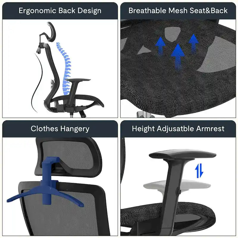 Ergonomic Office Desk Chair 360 Swivel Height Adjustable Mesh Chair, Adjustable Headrest, Lumbar Support, Armrest