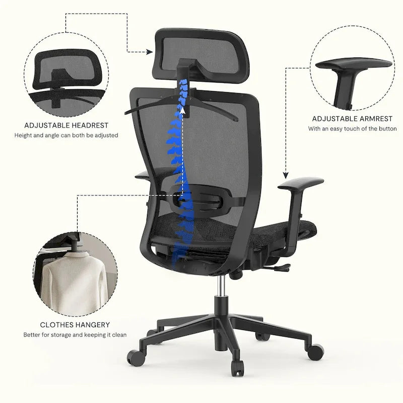 Ergonomic Office Desk Chair 360 Swivel Height Adjustable Mesh Chair, Adjustable Headrest, Lumbar Support, Armrest
