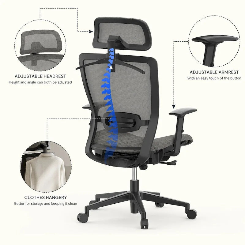 Ergonomic Office Desk Chair 360 Swivel Height Adjustable Mesh Chair, Adjustable Headrest, Lumbar Support, Armrest