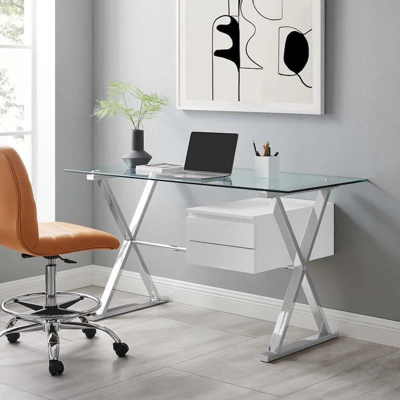 Glass Top Office Desk with Floating Drawers