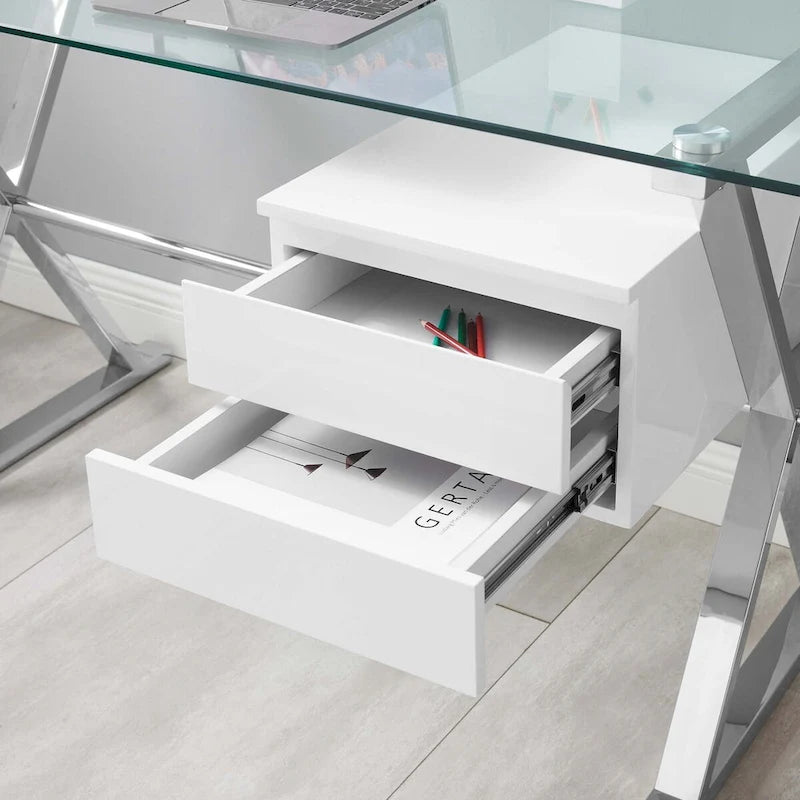 Glass Top Office Desk with Floating Drawers